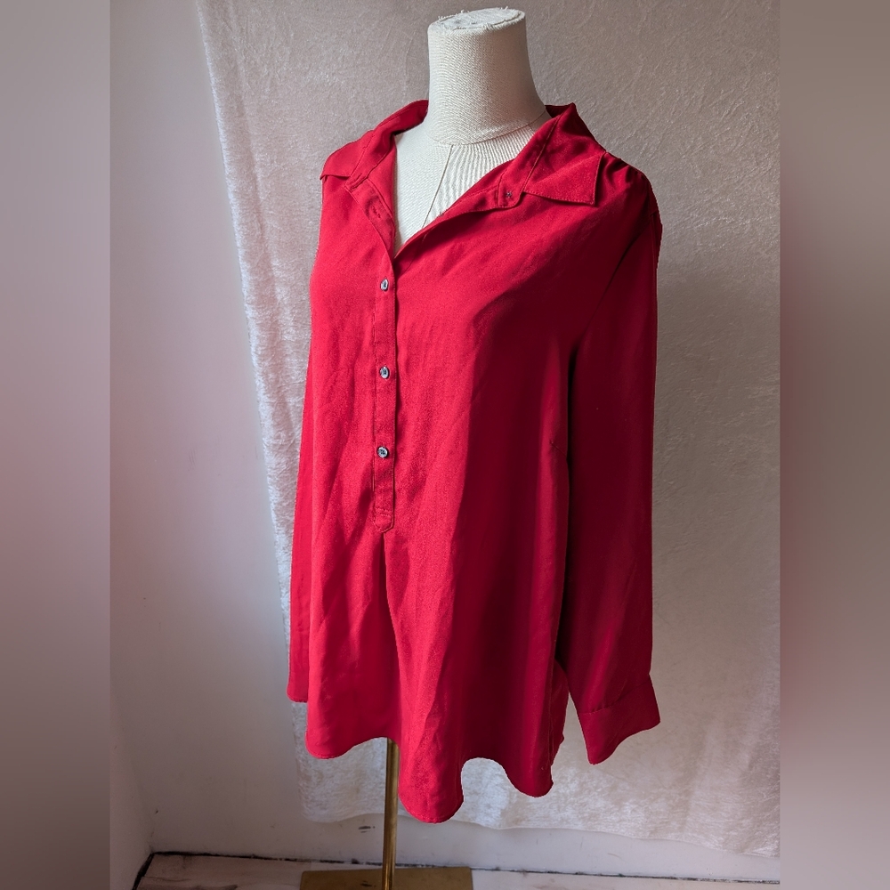 Lands End Chiffon Red V-neck Button Front Shoulder Pleat Detail Blouse